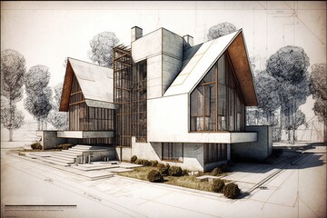 Architectural project sketch. Generative Ai . Modern building sketch 