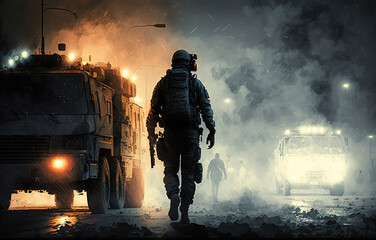policeman in full tactical riot gear walking by an urban assault vehicle by generative AI