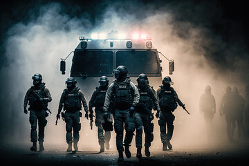 policemen in full tactical riot gear walking in front of an urban assault vehicle by generative AI