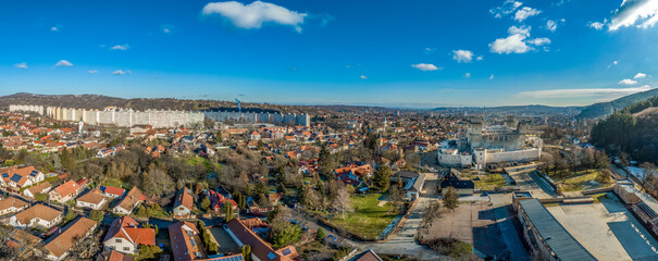 Aerial panorama of Diosgyor neighborhood in Miskolc new panel communist style block houses single...