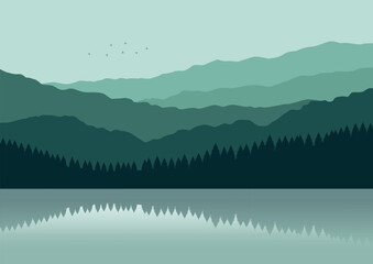 Landscape of mountains and lake. Vector illustration in flat style.
