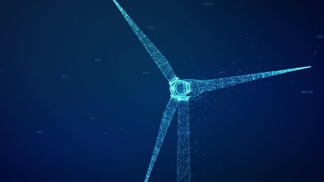 Wind turbine eco power technology concept with particle line art, renewable energy generate from green alternative electric source, Innovative windmill background 3D rendering