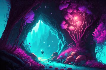 glowing underwater cave with bioluminescent magical alien plants, pink and purple ambiance and magical setting for fantasy role playing table top game. Generative AI