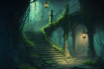 swampy cave lair or dungeon, abandoned cellar ruins for fantasy adventure table top role playing game setting. creepy entryway where monsters may live. Generative AI. 