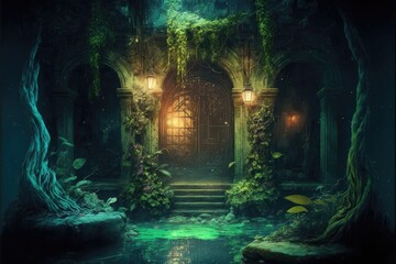 swampy cave lair or dungeon, abandoned cellar ruins for fantasy adventure table top role playing game setting. creepy entryway where monsters may live. Generative AI.  - obrazy, fototapety, plakaty