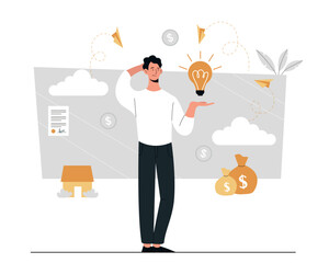 Man thinking about ideas. Young guy with light bulb in his hand. Insight and idea, brainstorming. Business project and start up. Poster or banner for website. Cartoon flat vector illustration