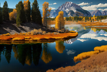 Naklejka premium lake in Yellowstone National Park with mountains by generative AI