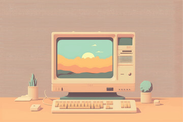 computer background with retro mountains background, soft colors, flat minimal design