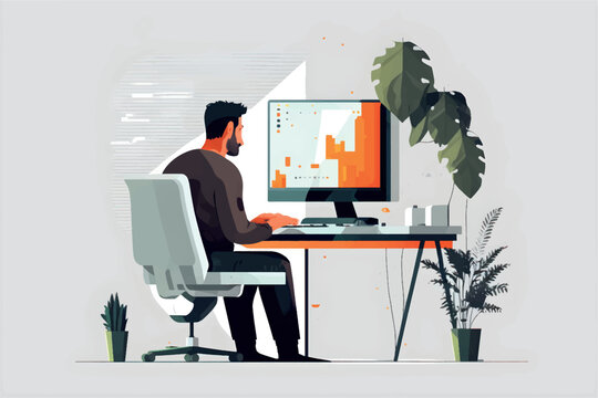 vector illustration of man working on computer minimalist, soft colors, modern design
