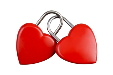 Abstract,  front view straight two red heart together combination lock, Symbol valentine, happy, unhappy. Metal padlock. Material for creative idea love concept. Isolated transparent. Blank for text.