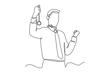 Single one line drawing happy employee gets reward honour. Personal development Concept. Continuous line draw design graphic vector illustration.