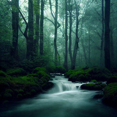 Obraz premium river, water, forest, waterfall, stream, nature, landscape, tree, green, rock, cascade, spring, rocks, creek, mountain, fall, park, stone, tropical, flow, brook, summer, flowing, trees, environment