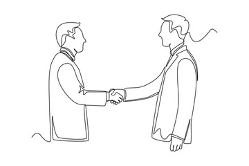 Single one line drawing Two businessmen shaking hands. Human relation Concept. Continuous line draw design graphic vector illustration.