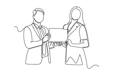 Single one line drawing happy woman gets award best employee. Personal development Concept. Continuous line draw design graphic vector illustration.