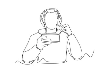 Continuous one line drawing happy boy wearing headset playing online video game on his smartphone. E-sports game concept. Single line draw design vector graphic illustration.