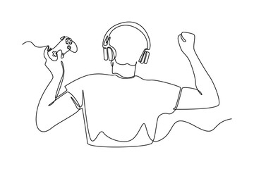 Continuous one line drawing Back view happy boy winning Online Game. E-sports game concept. Single line draw design vector graphic illustration.