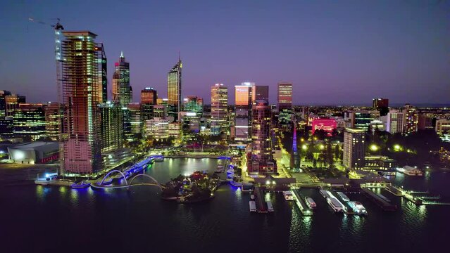 Smooth 4K footage of Elizabeth Quay in Perth, Western Australia at night