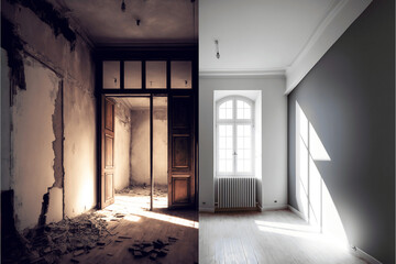 ransforming Empty Living Rooms into Beautiful Spaces - Before and After Home Renovation with a Touch of Interior Design - Ai Generative