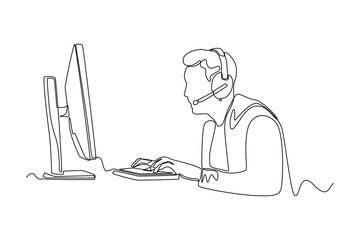 Continuous one line drawing happy boy wearing headset playing online video game on his computer. E-sports game concept. Single line draw design vector graphic illustration.