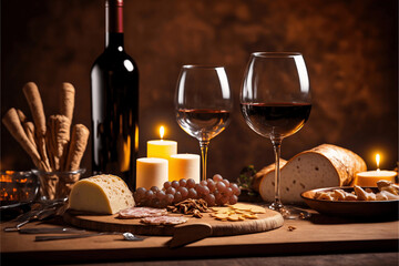 Rustic table with delicious table of cheeses, wines, bread, dry fruits, ai generative
