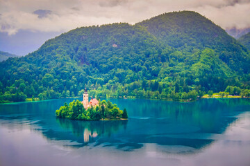 Lake Bled and Santa Maria Church from above, idyllic landscape of Slovenia