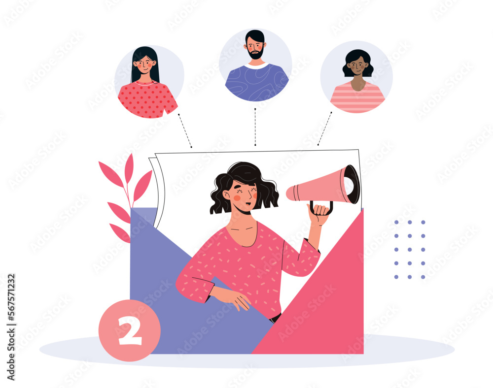 Poster incoming messages concept. young girl in envelope with loudspeaker, notice and notice. interface for