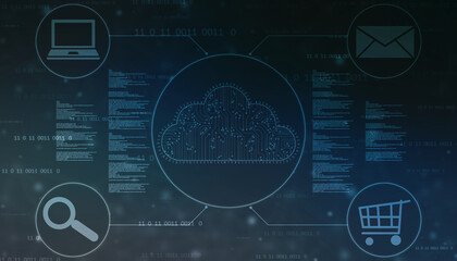 2d illustration of Cloud computing, Digital Cloud computing and network Concept background. Cyber technology, internet data storage, database and Internet server concept
