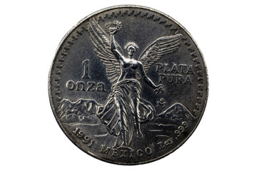 Reverso 1 onza troy de plata pura 1991 Mexicana con imagen del angel de la independencia