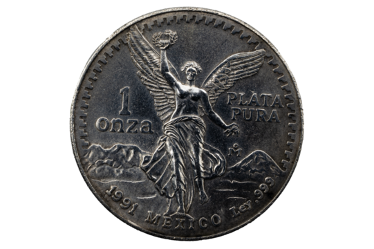 Reverso 1 onza troy de plata pura 1991 Mexicana con imagen del angel de la independencia