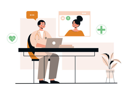Online doctor concept. Man at laptop answers womans questions. Conference and consultation, video call. Modern technologies, digital world and remote specialist. Cartoon flat vector illustration