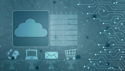 2d illustration of Cloud computing, Digital Cloud computing and network Concept background. Cyber technology, internet data storage, database and Internet server concept