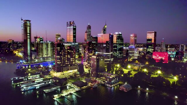 Smooth 4K footage of Elizabeth Quay in Perth, Western Australia at night