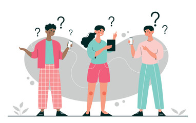 People ask questions. Men and woman with gadgets looking for information on Internet. Modern technologies and digital world. Knowledge, education and learning. Cartoon flat vector illustration