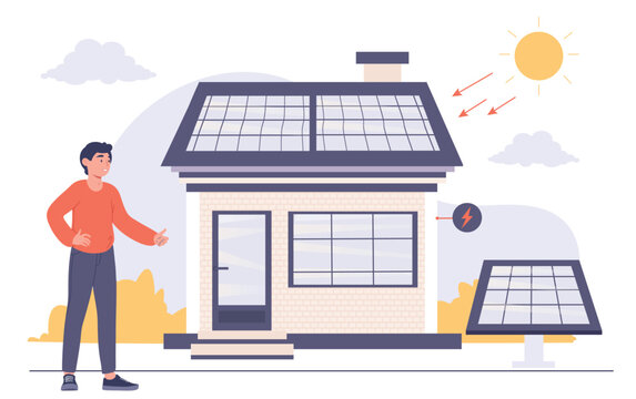 Solar energy concept. Man near house with alternative energy sources. Caring for environment and reducing release of hazardous waste, sustainbale life metaphor. Cartoon flat vector illustration