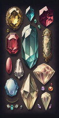 Many varieties of antique precious stone, gem, Storybook Illustration