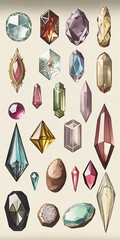 Many varieties of antique precious stone, gem, Storybook Illustration