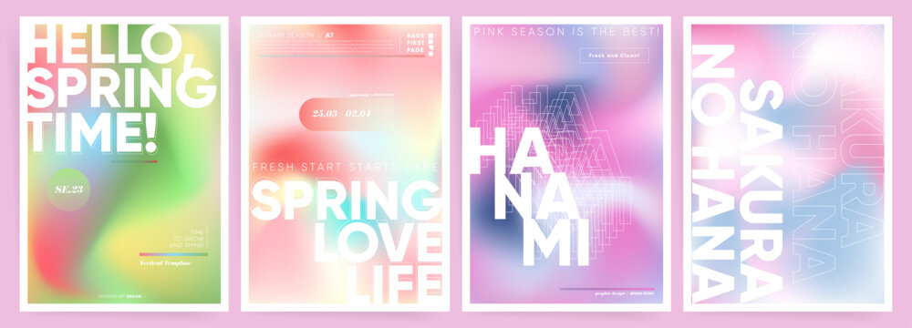 Set of spring poster templates in mesh gradient modern design. A4 minimalist gradient backgrounds with text for covers invitations, placards. holographic aesthetic colorful spring sale creatives.	