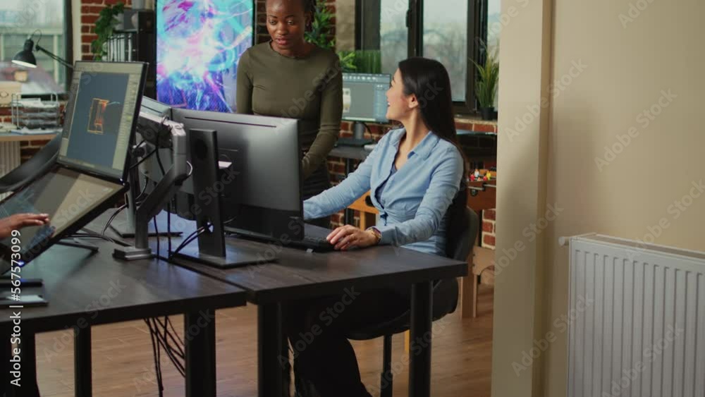 Poster artistic creators analyzing graphics industry software on computer, working on professional project 