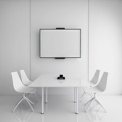 Minimalist white conference room with table and chairs and blank screen, generative ai