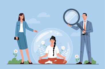 Social distance concept. Young girl in bubble sits in lotus position next to man with magnifying glass and woman. Freedom, peace and harmony. Virus and pandemic. Cartoon flat vector illustration