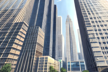 Fototapeta na wymiar Una toma desde abajo de un montón de rascacielos, generados por inteligencia artificial