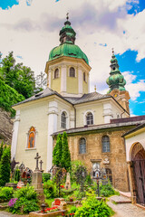 Fototapeta premium Salzburg medieval old town towers and domes at autumn, Salzburger land, Austria