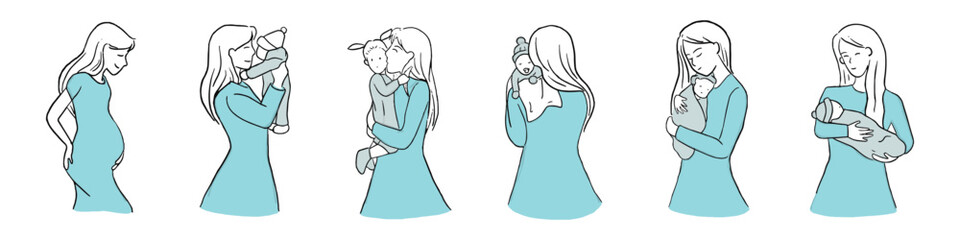 set of cute mother and newborn baby, child. full of love and care. Mom and child embracing each other. isolated vector flat illustration.