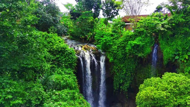 Aerial shot of Curug or waterfalls Gondoriyo in Semarang, Central Java, Indonesia.