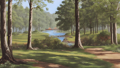 Un acercamiento de buena calidad de unos árboles verdes y un río en la lejanía,generado por inteligencia artificial