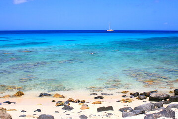 Fototapeta na wymiar Secluded turquoise beach in Aruba, Caribbean Blue sea, Duth Antilles