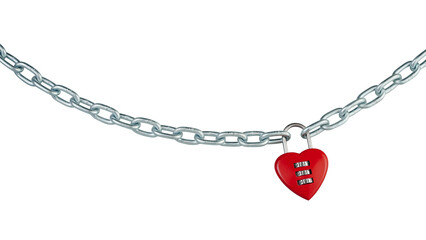 Abstract, red heart shaped combination lock, Symbol valentine and happy or unhappy, metal chain padlock. Material for creative idea photo love concept. Isolated on white background with clipping path.