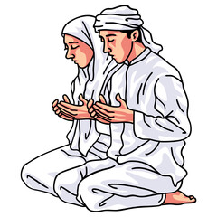 Muslim Moslem Couple Man Woman Pray Prayer Dua Drawing Cartoon Illustration