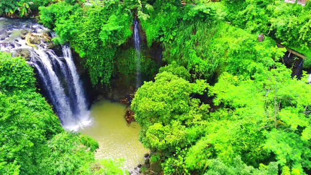 Aerial shot of Curug or waterfalls Gondoriyo in Semarang, Central Java, Indonesia.