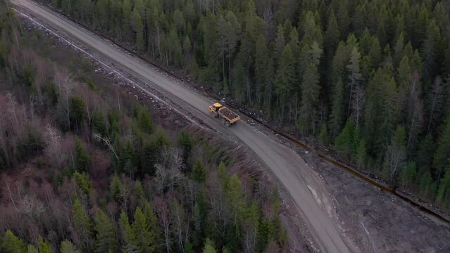 Articulated truck driving through a dirt road in the middle of the forest with cargo from a construction site, heavy equipment